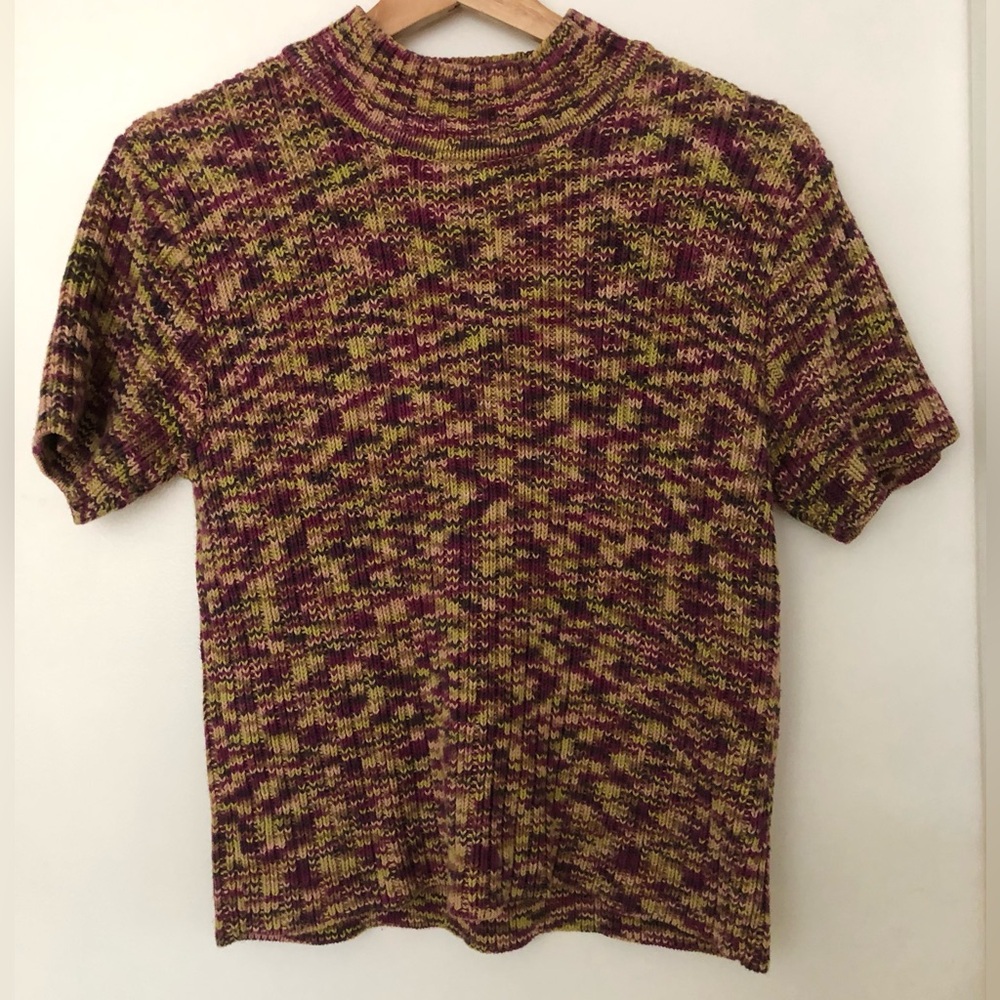 VINTAGE Liz Claiborne High Collar Pattern Funky Knit Short Sleeve Top